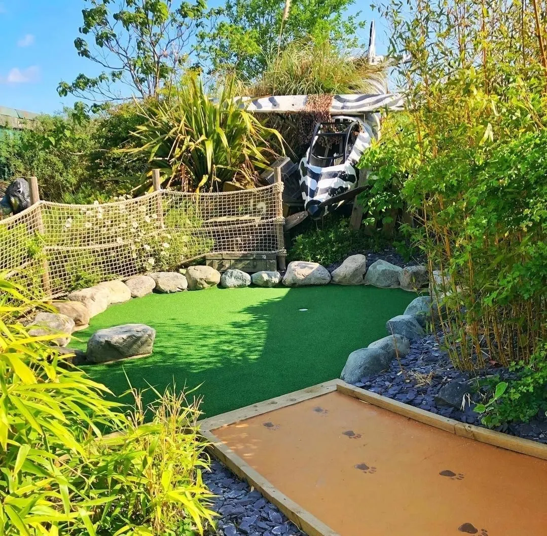 A crazy golf course hole featuring a crashed aeroplane prop above a green putting surface surrounded by tropical plants and rocks.