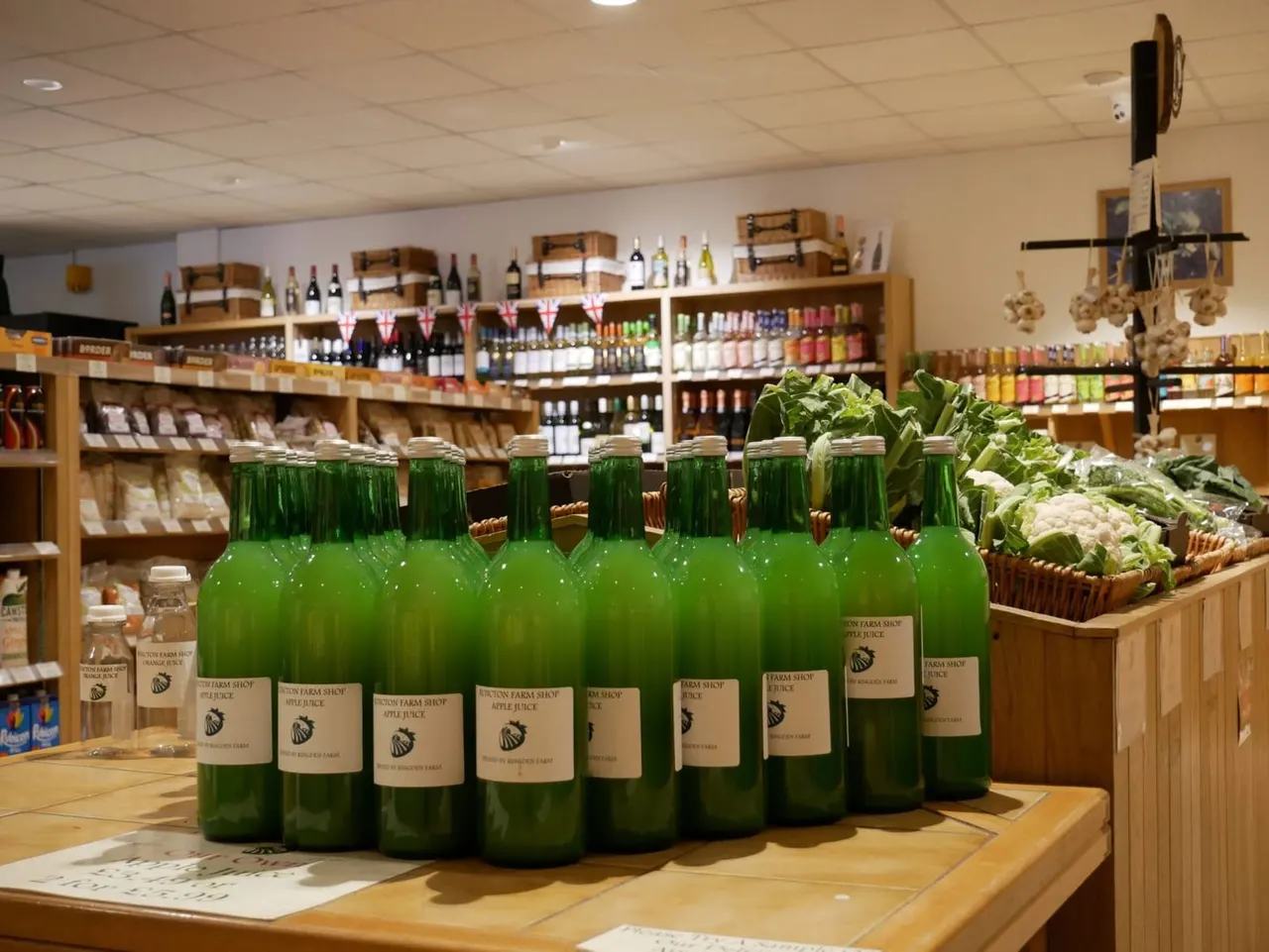 Farm shop interior with green bottles of apple juice displayed on wooden counter, shelves of produce and bottled goods visible behind.