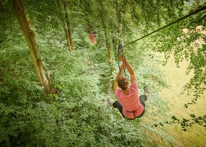 Person ziplining through a canopy of green trees at a woodland adventure course.