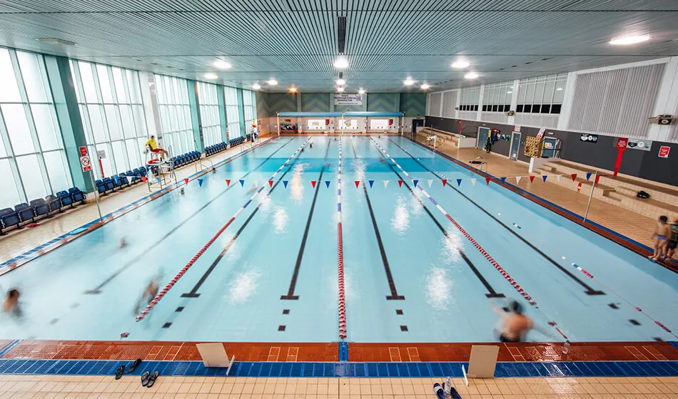 Multiple swimmers racing in different lanes of an indoor Olympic-sized pool during a competitive event.