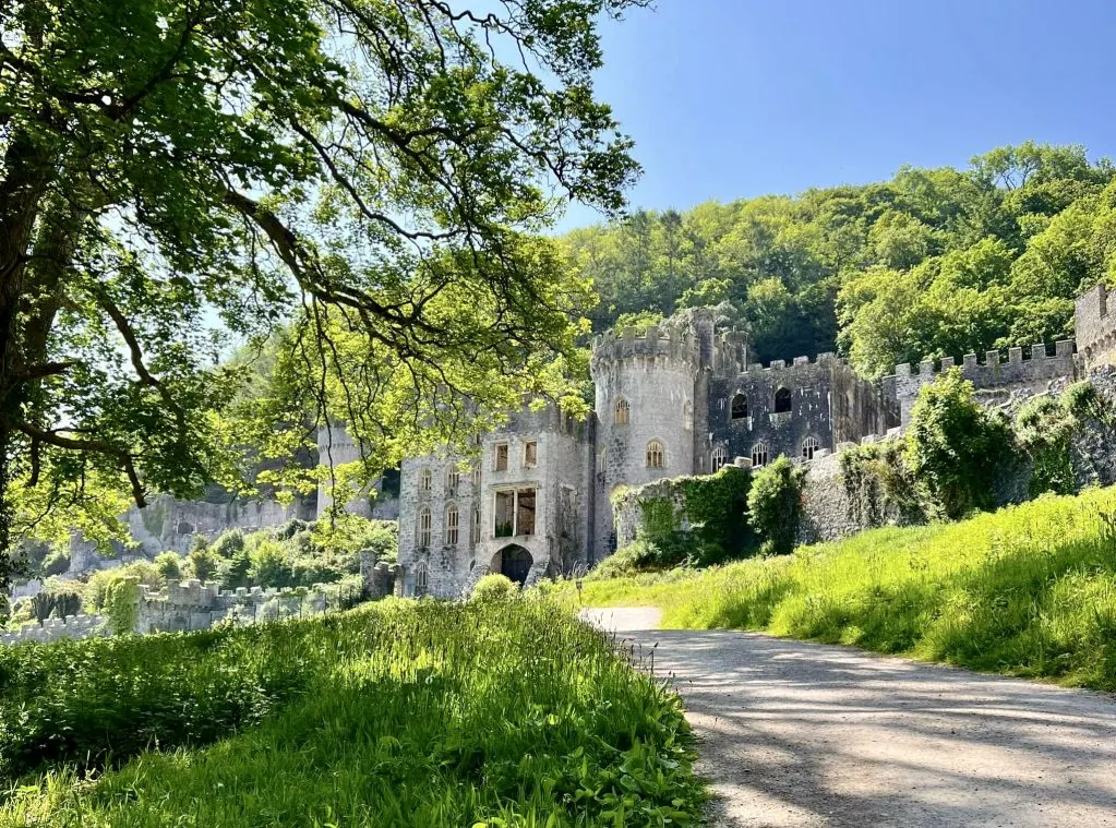 A gravel path leads through green grounds towards a grey stone castle with crenellated walls nestled amongst woodland.