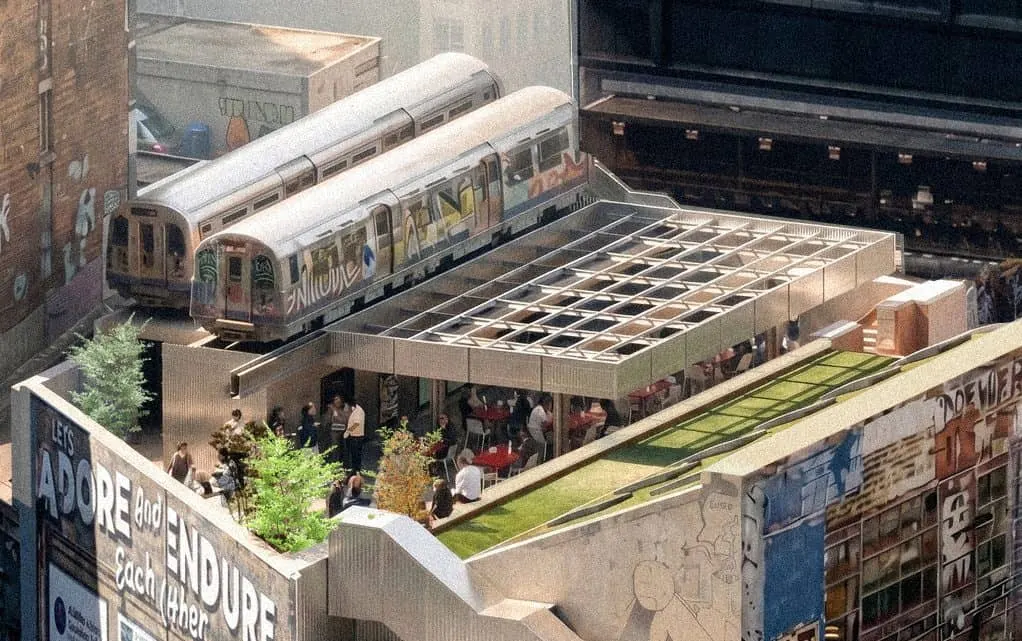 Aerial view of a rooftop venue with vintage train carriages, green space, and visitors gathered under a latticed canopy structure.