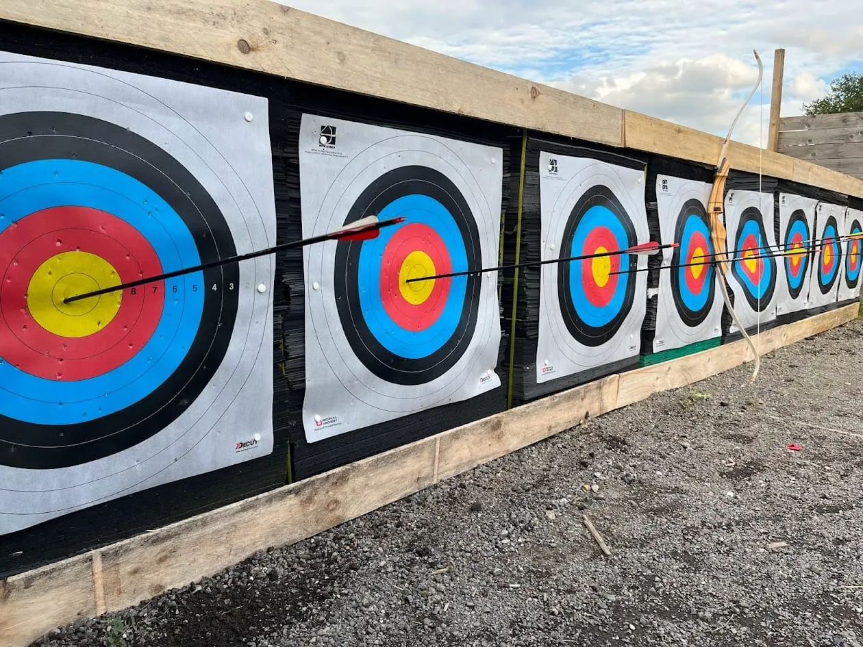 Archery targets with arrows mounted on a wooden structure at an outdoor activity venue.