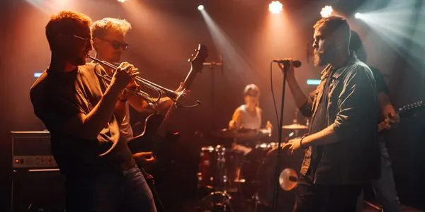 Live band performing on stage with guitarist, vocalist, and drummer under warm stage lighting.