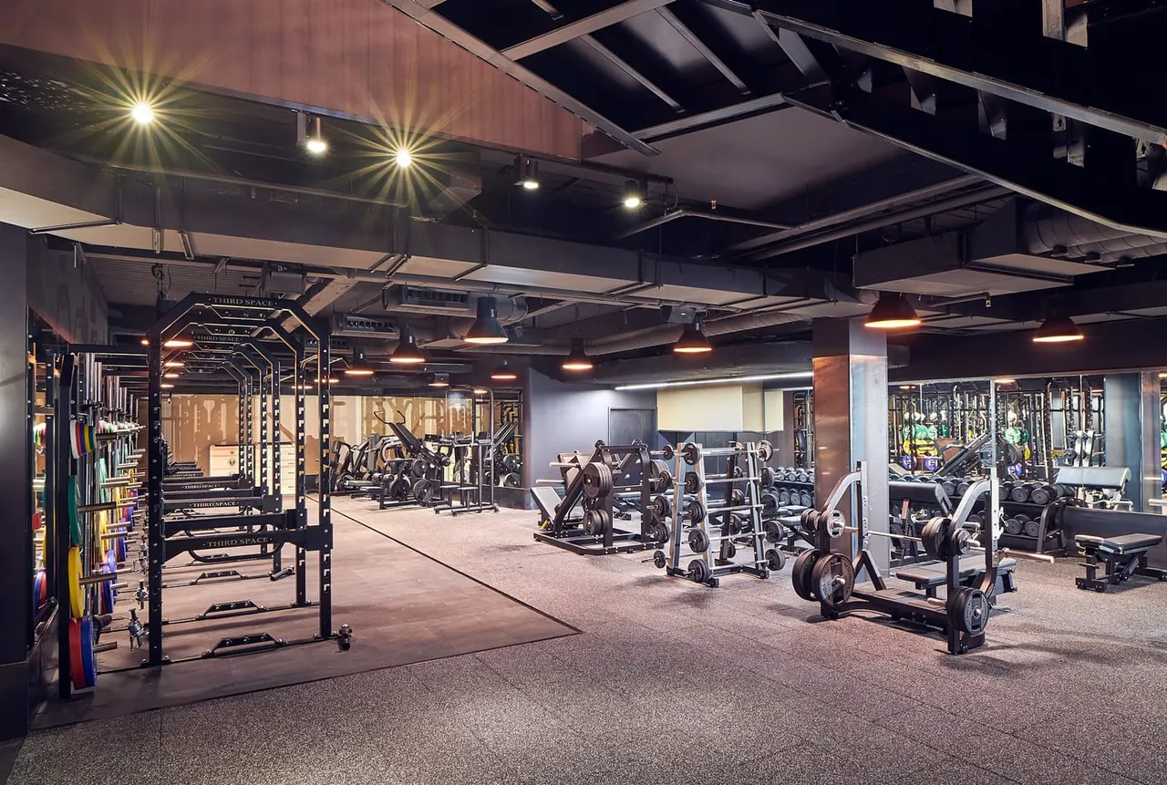 Modern gym interior with weight training equipment, exercise machines, and strength racks arranged throughout the spacious facility.