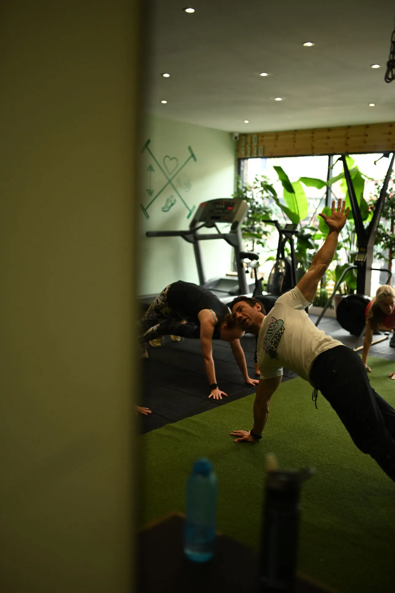 People doing plank exercises in a fitness studio with green flooring, plants, and gym equipment visible.