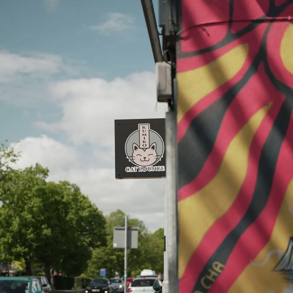 Exterior signage for Kumiko Cat Lounge with a cat logo on a pole, with colorful striped banner and trees visible under blue sky.