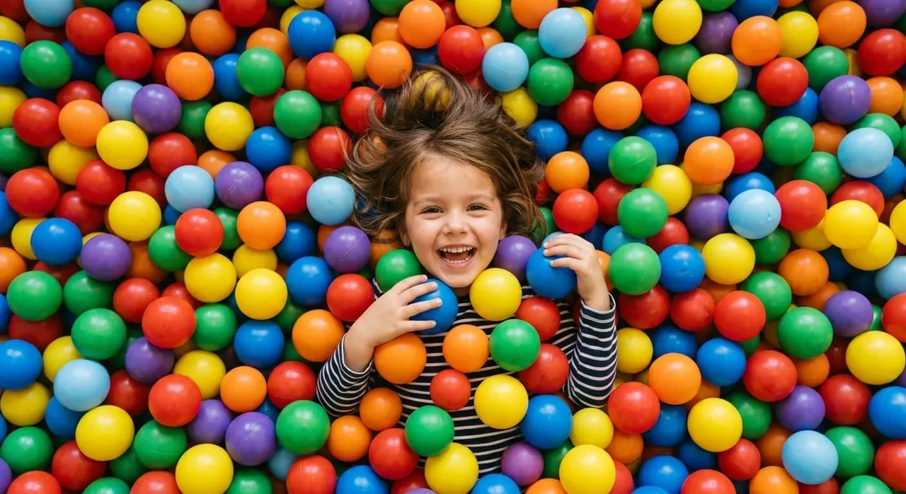 Child laughing and playing in a colourful ball pit filled with red, blue, yellow, green, orange and purple plastic balls.