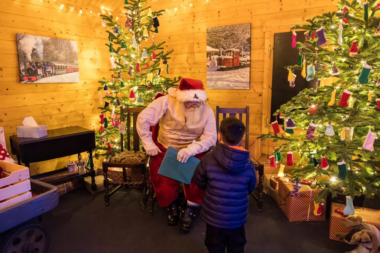 A child in a blue jacket meets Father Christmas in a wooden cabin decorated with Christmas trees, fairy lights, and festive stockings.