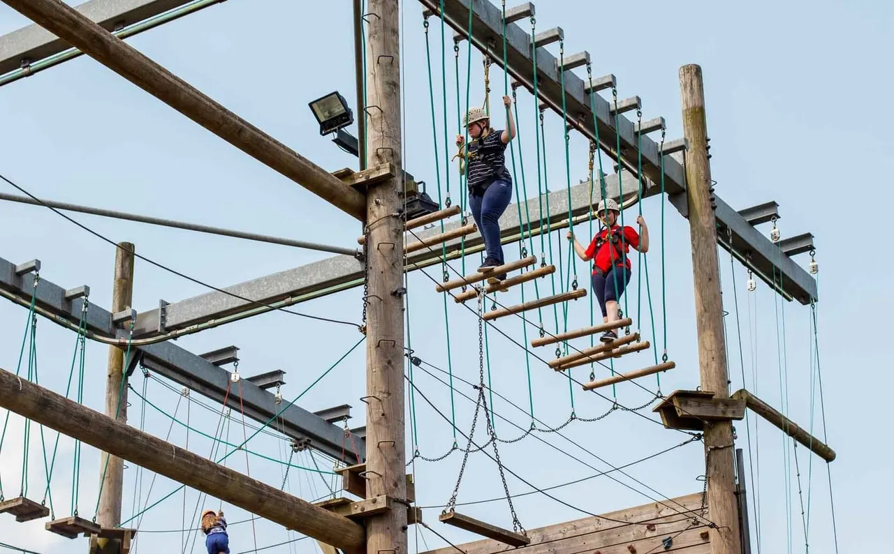 Two people navigate an outdoor aerial adventure course with wooden platforms and suspended chains between wooden poles.