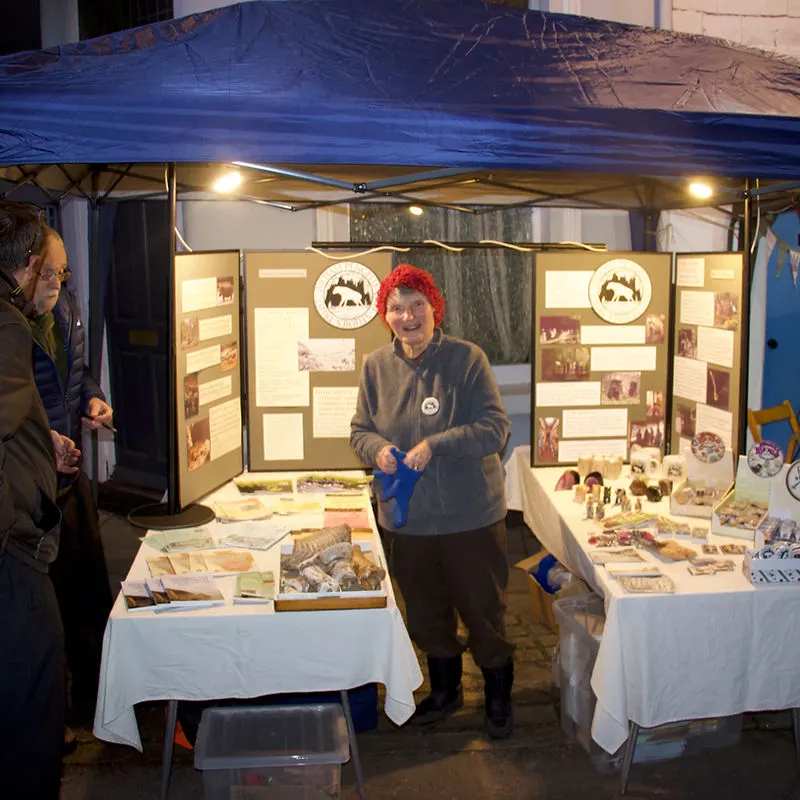 Woman with red hair at a market stall displaying cave-related artefacts and information panels under a blue canopy.