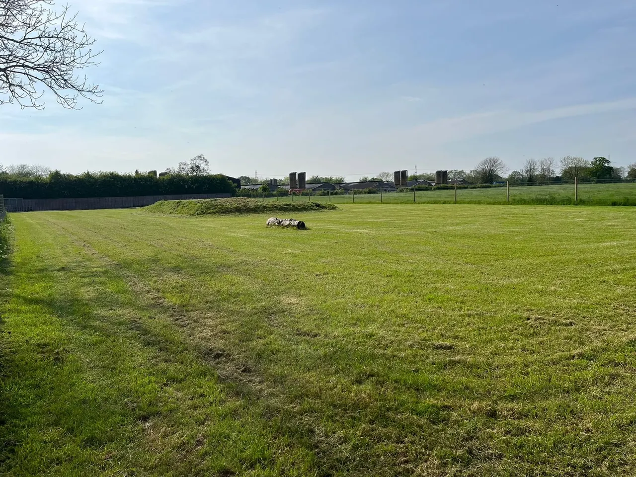 Farm animals grazing in a large green pasture with fencing and farm buildings visible in the distance.