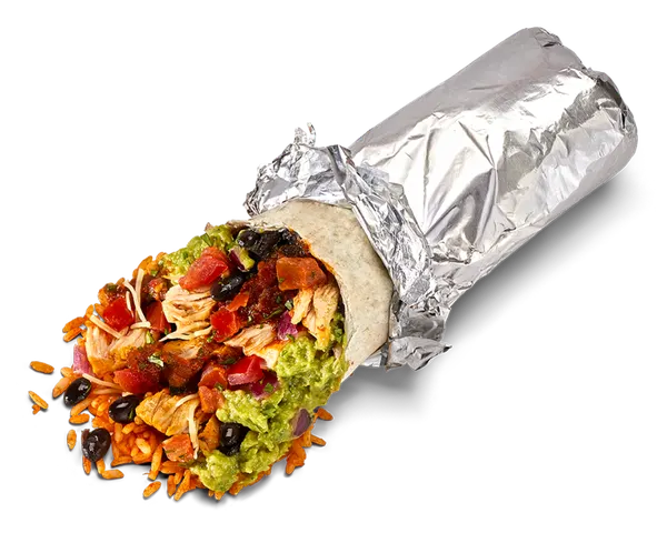 A burrito wrapped in foil filled with lettuce, beans, peppers and other ingredients against a white background.