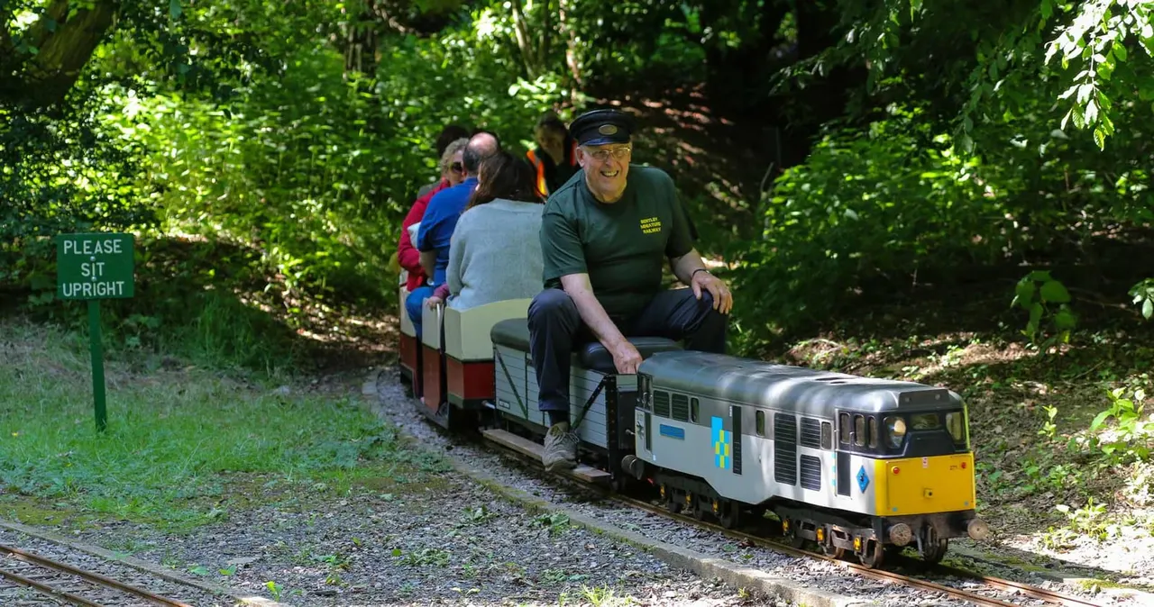 An operator drives a miniature train with passengers seated in open carriages along a tree-lined track.