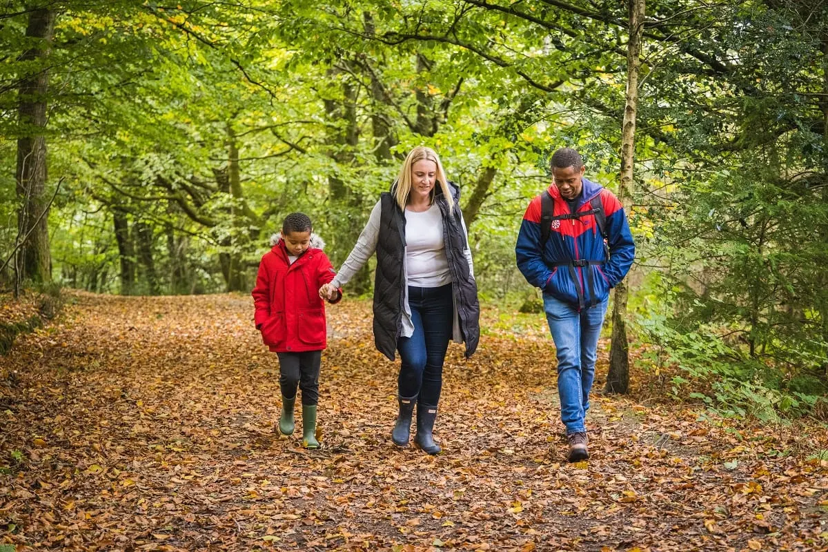 A woman and two children jogging together on a leaf-covered woodland path beneath tall trees.
