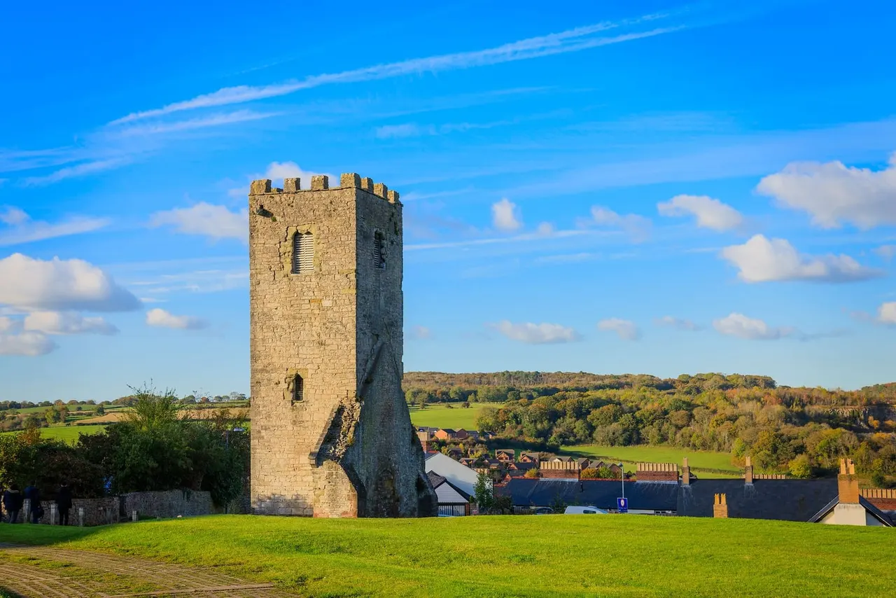 Medieval stone tower with crenellated top standing in a green field overlooking a town and countryside under blue sky.