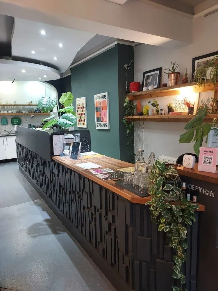 Modern wellness café interior with wooden counter, plants, shelving, and teal accent wall.