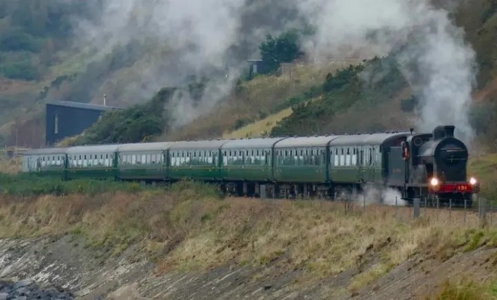 A vintage steam locomotive pulls a train of cream and green passenger carriages through moorland.