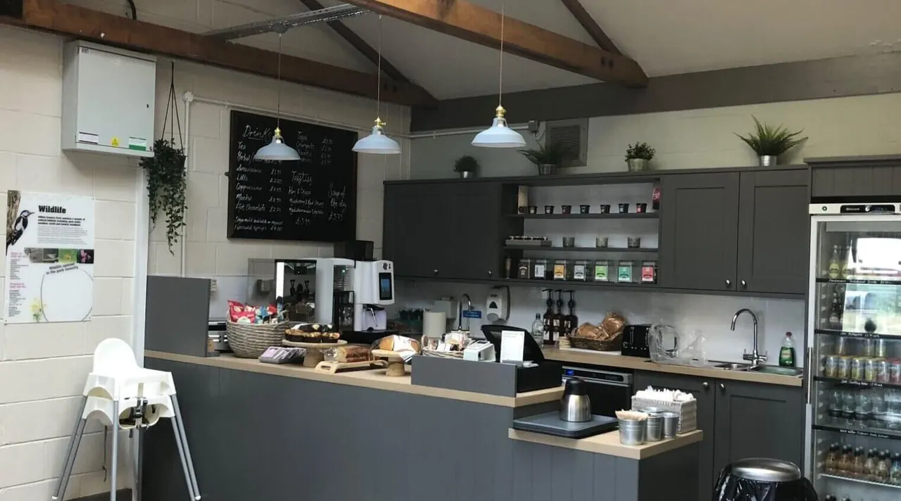 A café counter with hanging pendant lights, displaying pastries, coffee equipment, shelving with jars, a menu board, and potted plants.