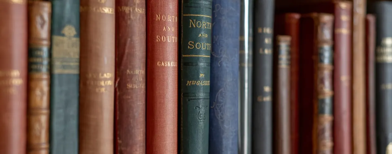 Row of antique leather-bound books on a shelf, including "North and South" by Gaskell.