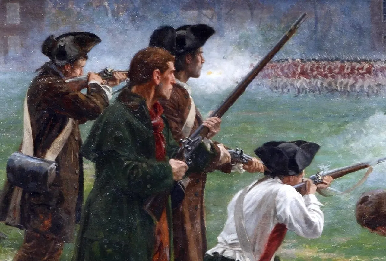 Historical military painting depicting soldiers in 18th-century uniforms with muskets during battle.