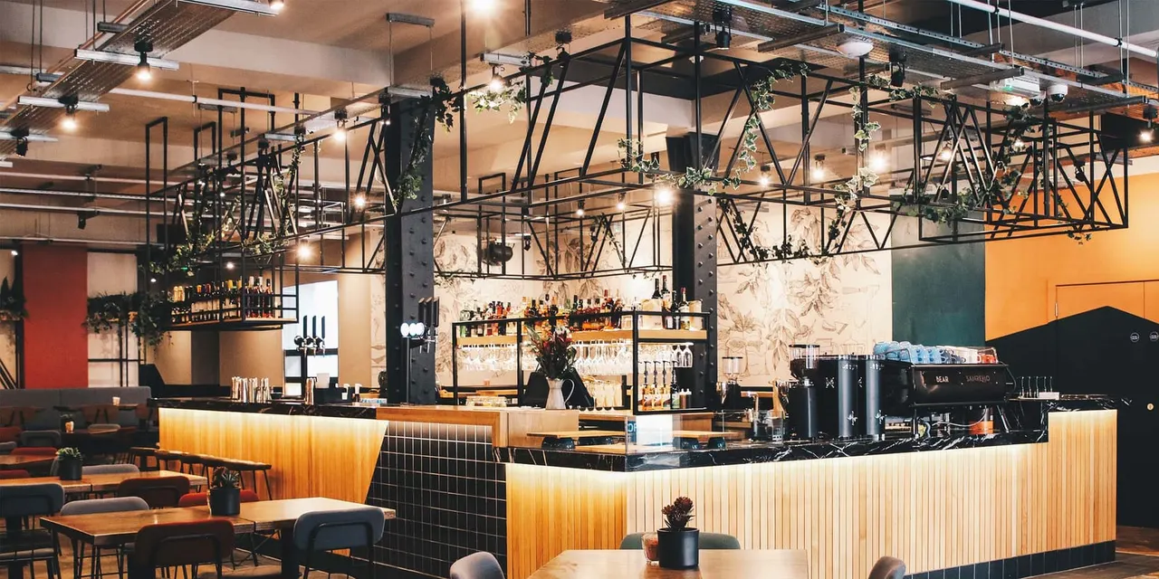 Modern café and bar interior with industrial-style metal framework, hanging plants, counter seating, and contemporary furnishings.