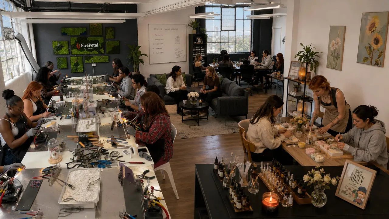 Groups of people participating in jewellery-making workshops at tables in a bright studio space with green wall art and large windows.