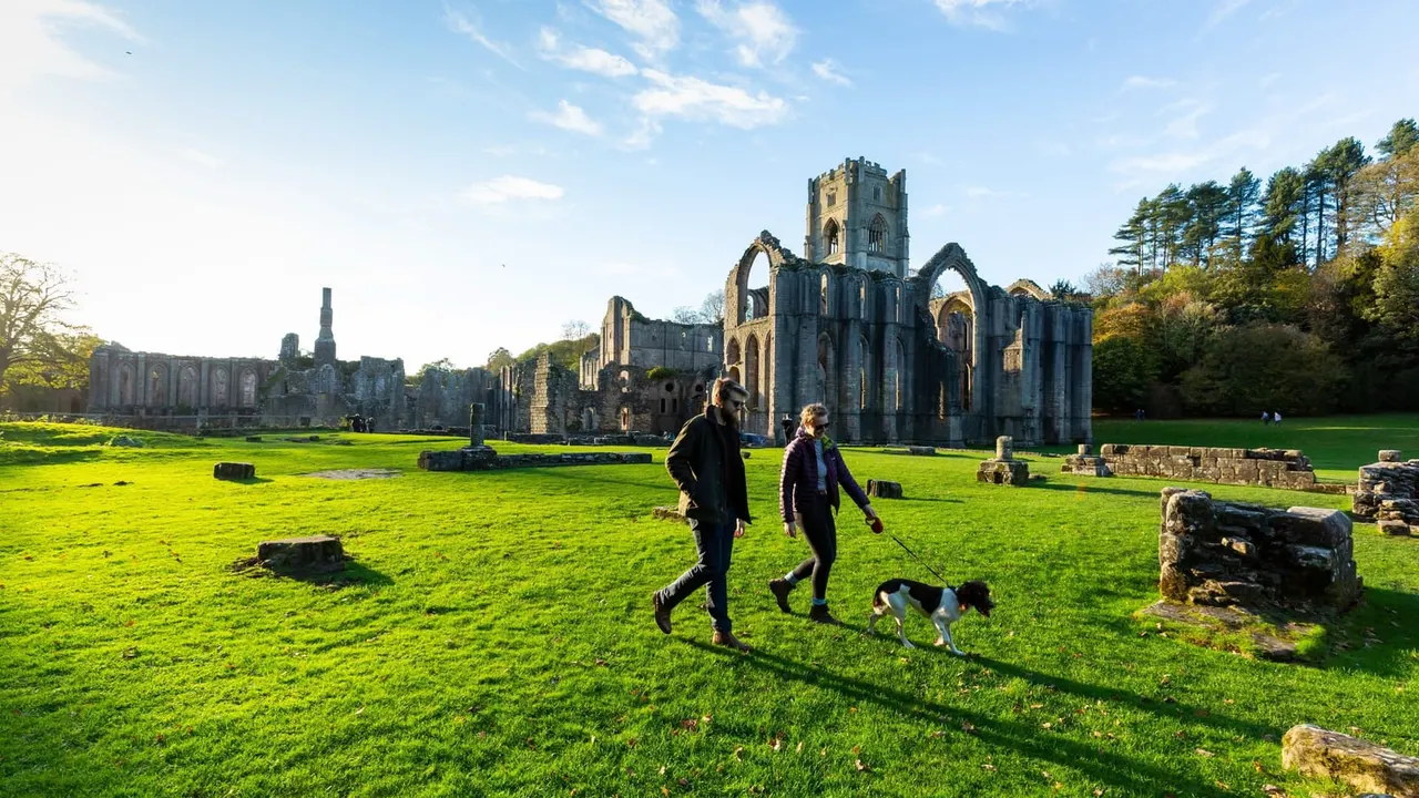 Two people and a dog walk across a grassy meadow past the ruins of a medieval abbey with stone walls and tower.