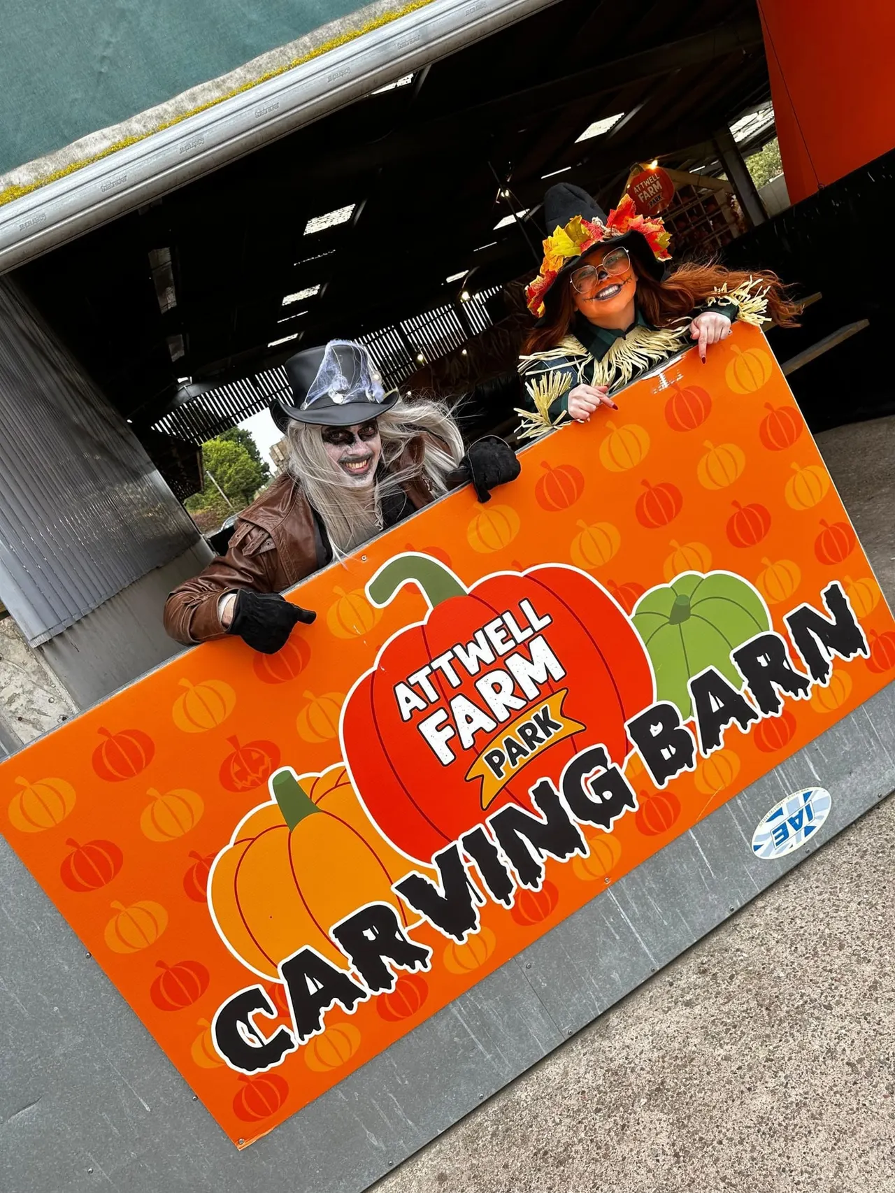 Two costumed characters in Halloween outfits hold an orange promotional banner advertising a autumn carnival event at a farm venue.