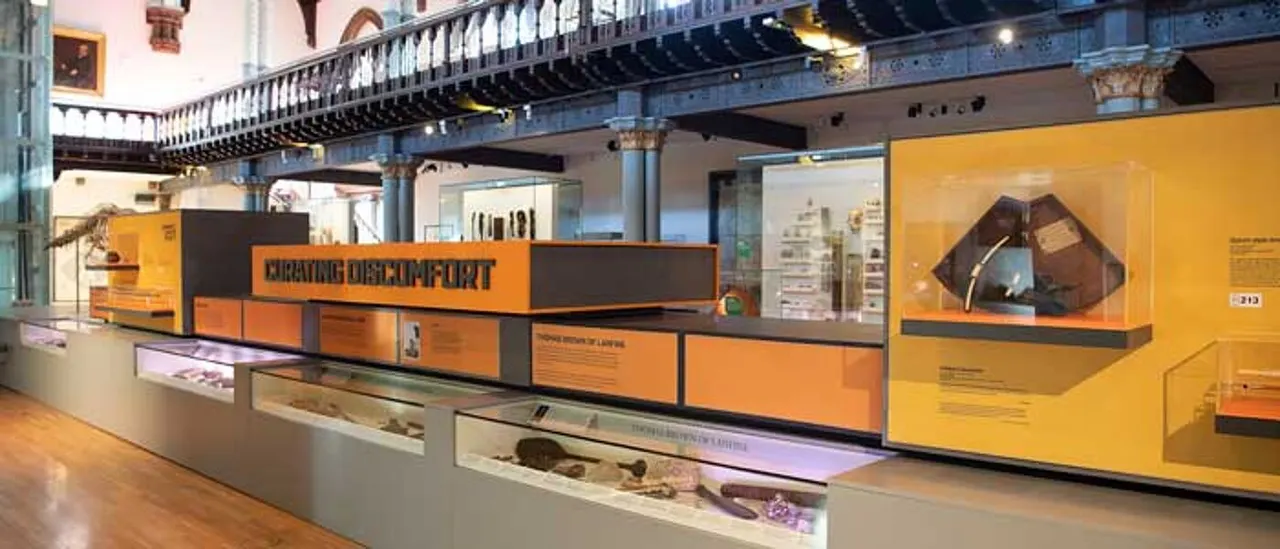 Museum display featuring orange and black exhibition panels with artefacts and specimens under glass in a grand gallery space.