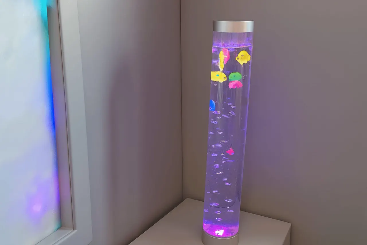 Tall cylindrical sensory tank filled with purple liquid, glowing fish ornaments in yellow, pink and green, and small floating objects, illuminated with LED lighting.