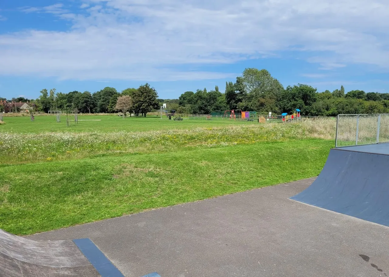 Spacious park with skate ramp in foreground, open grassland, playground equipment, sports pitch and trees under blue sky.