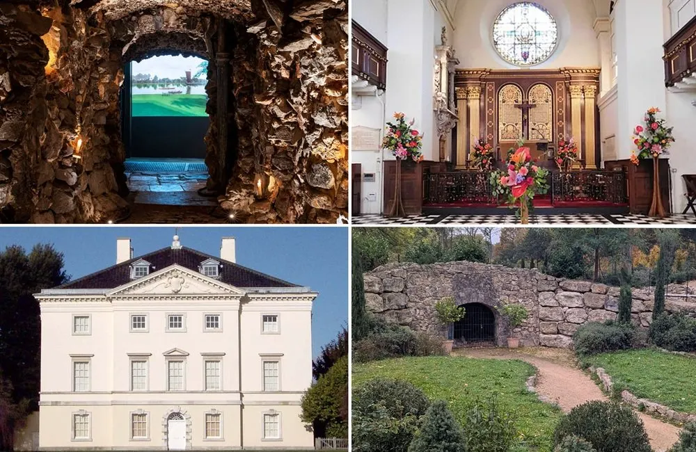 This is a designed graphic — a collage of four photographs showcasing different architectural and historical features of a venue.

GRAPHIC