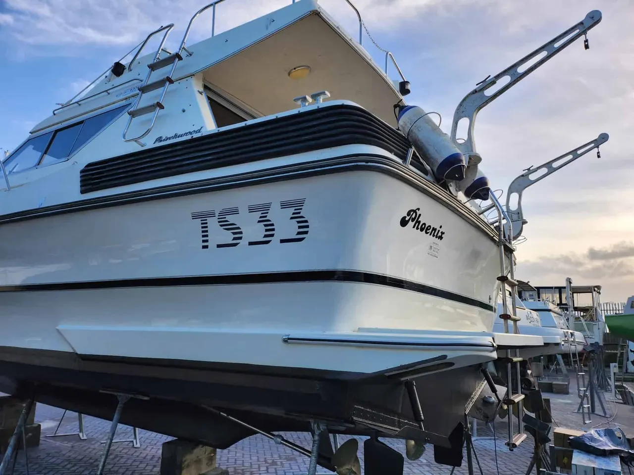 Blue and white fishing boat named Phoenix moored at a marina with fishing rods mounted on the stern.