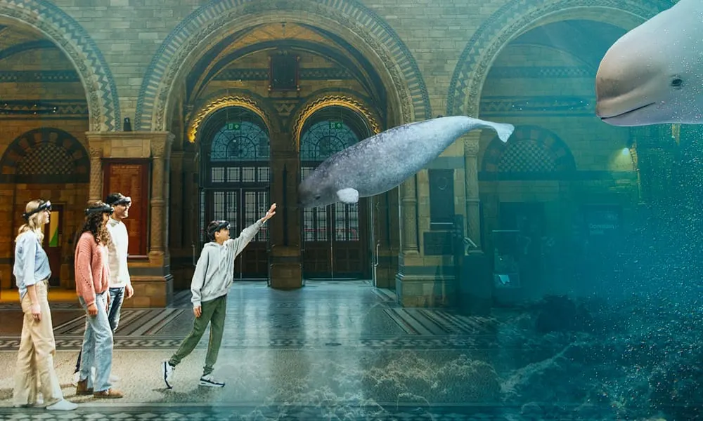 Children and adults viewing a large marine mammal and smaller dolphin in an aquarium display superimposed over a grand historic building interior.