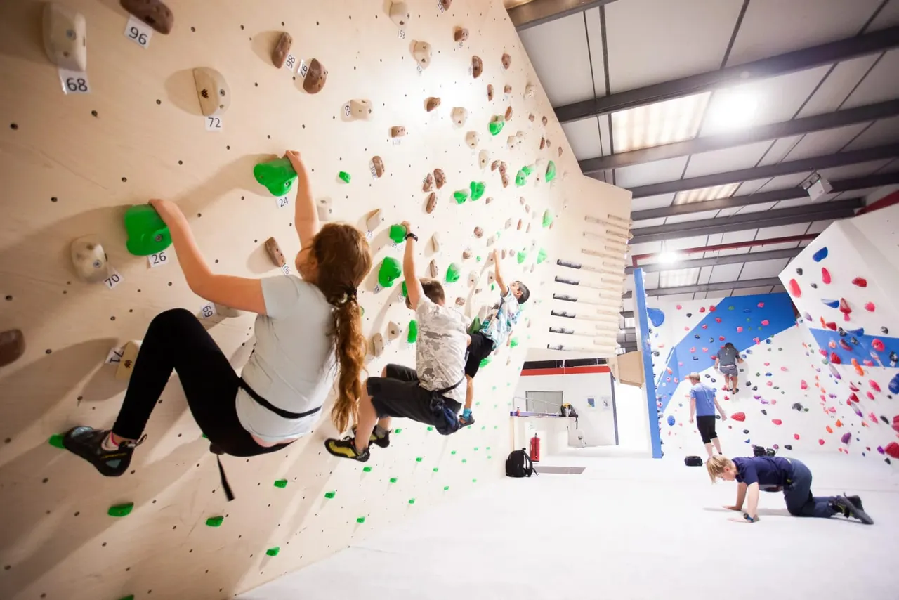 People of various ages climbing angled indoor rock walls with coloured handholds in a modern gymnasium.