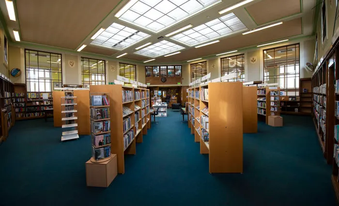 Interior of a library with wooden shelving units displaying books, blue carpeted floor and skylights overhead.
