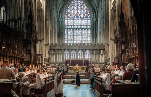 Interior of a grand cathedral with worshippers seated in pews, a large stained glass window and clergy conducting a service at the altar.