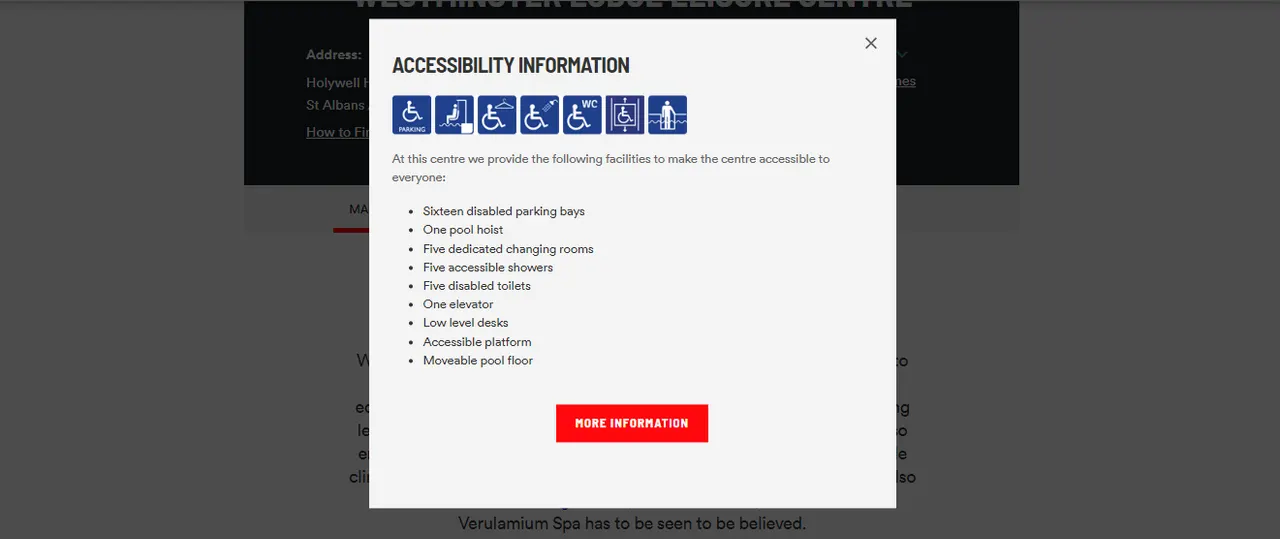 This is a GRAPHIC — it's an accessibility information popup/modal dialog displayed over a webpage, showing facilities available at the leisure centre.