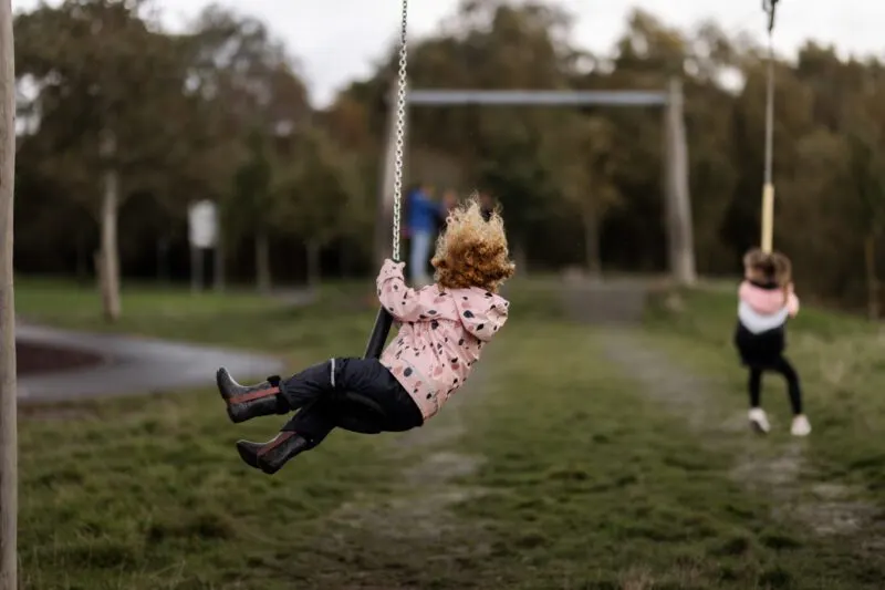 Child in pink shirt swinging on a rope swing in a park, with another child in background and trees beyond.