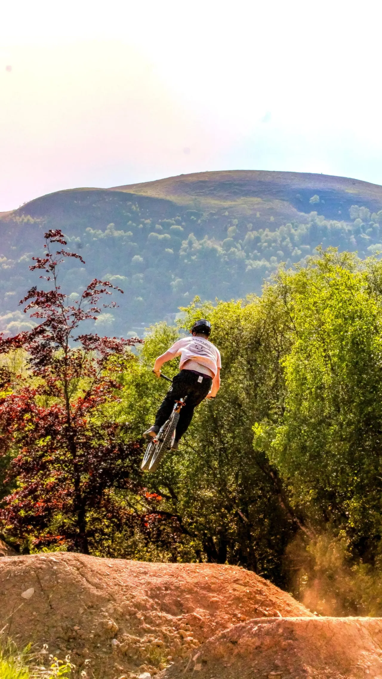 Mountain biker launching off a dirt jump with forested hills in the background.