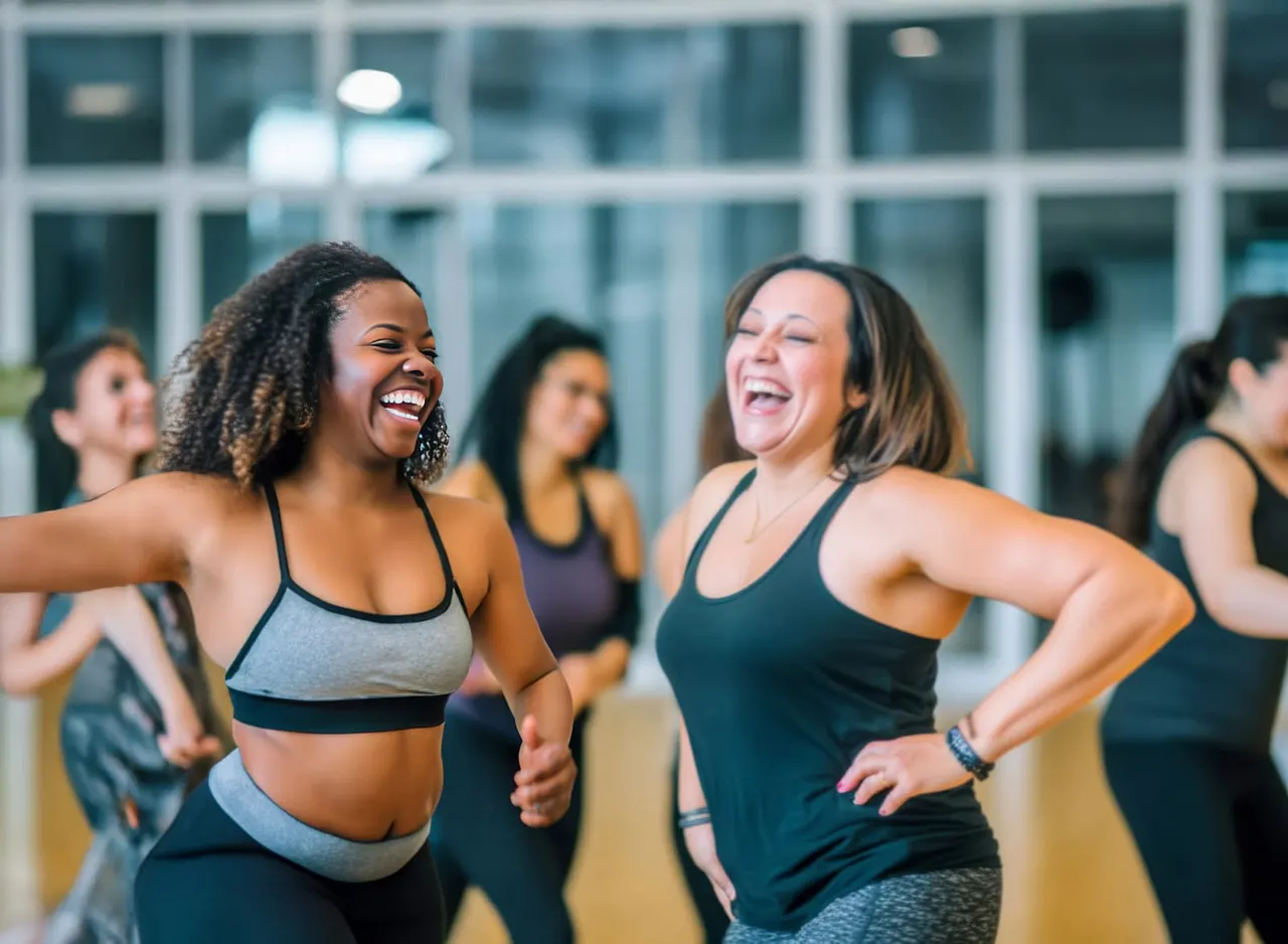 A group of women in fitness wear laugh and smile together during an exercise class in a gym studio.