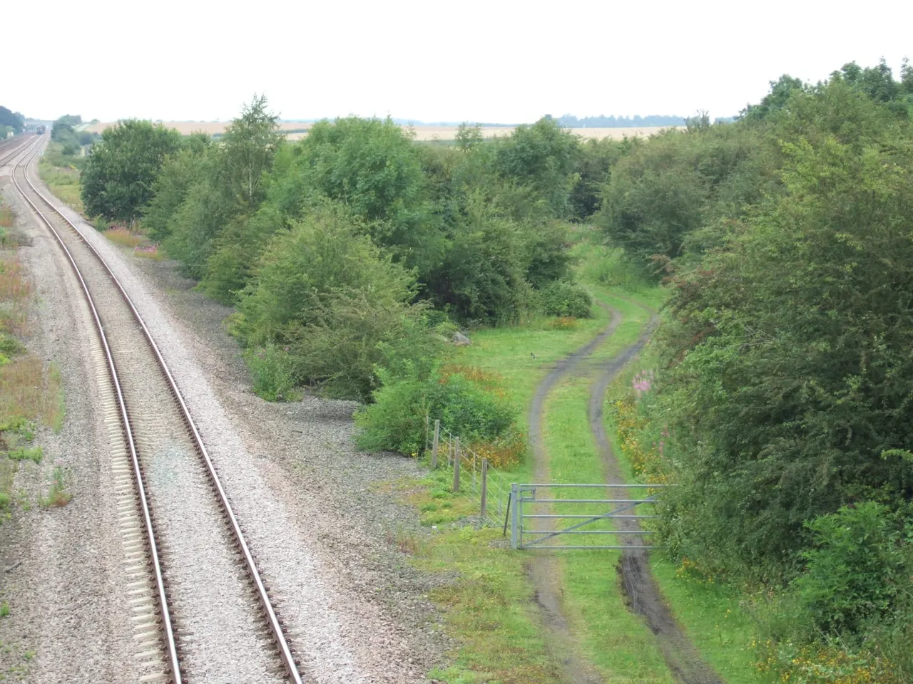 Railway tracks running alongside woodland and a farm gate, with open fields beyond.