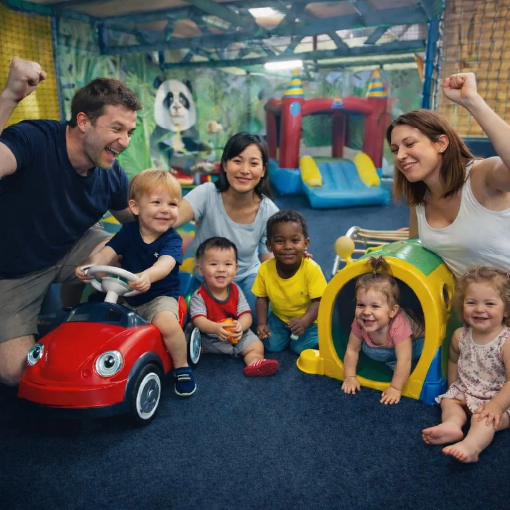 Adults and young children playing together in an indoor play centre with soft play equipment and a toy car.