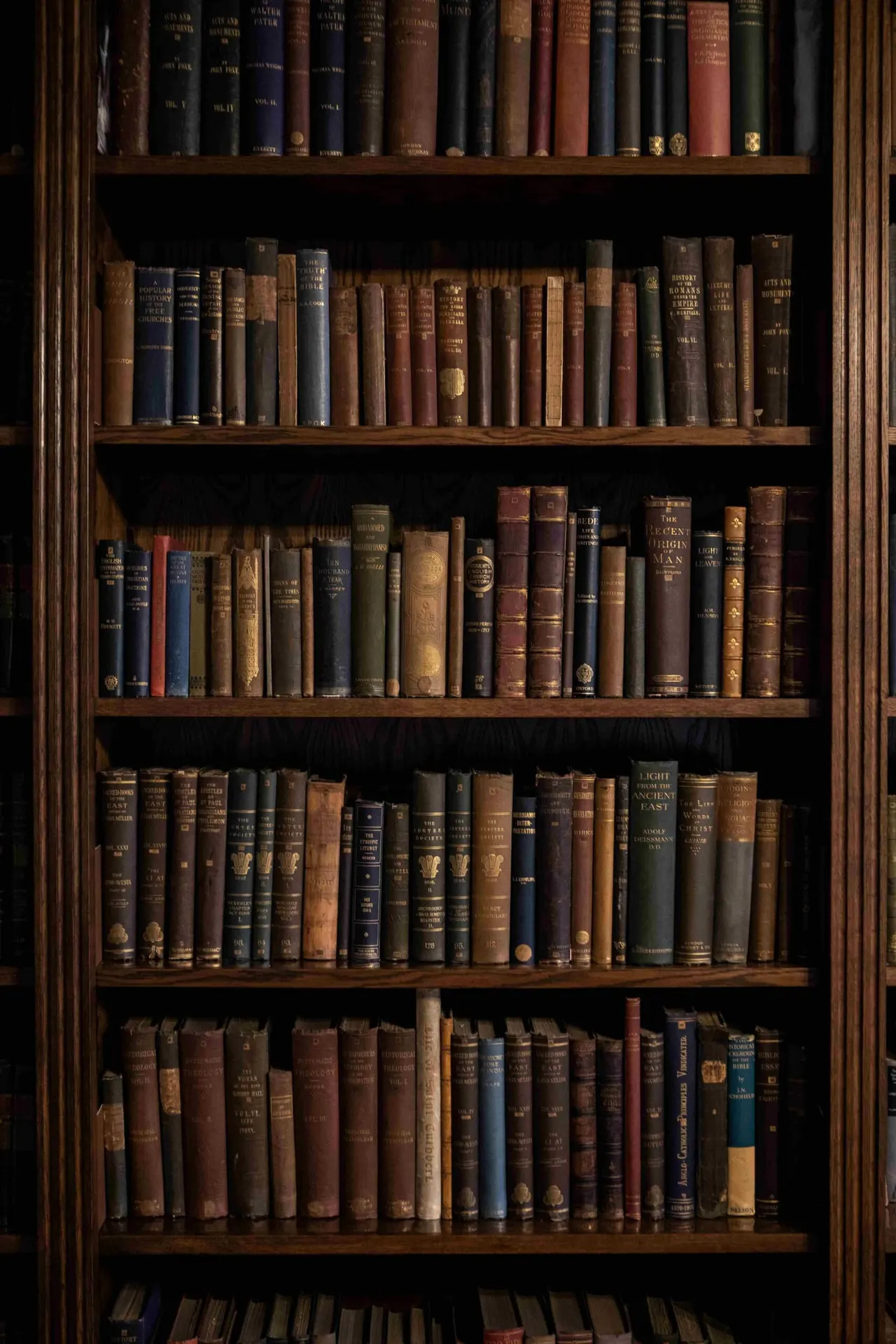 Wooden bookcase filled with antique leather-bound books arranged across six shelves.