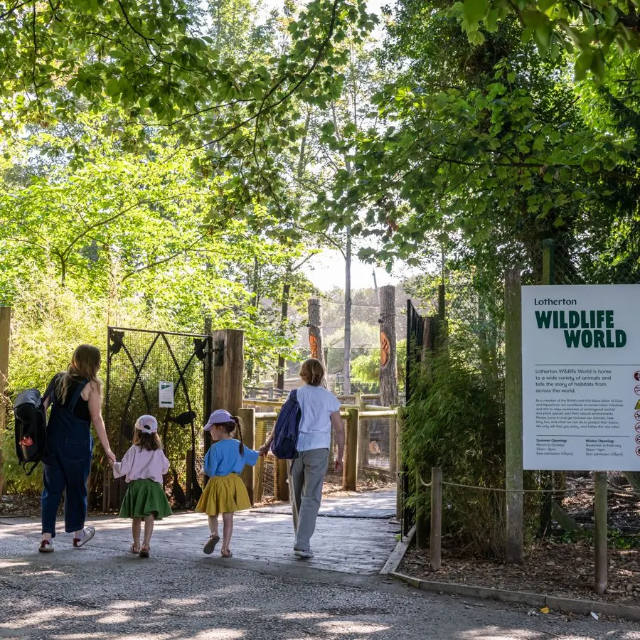 An adult and three children walking towards a wooden gate entrance under tree cover at a wildlife venue.
