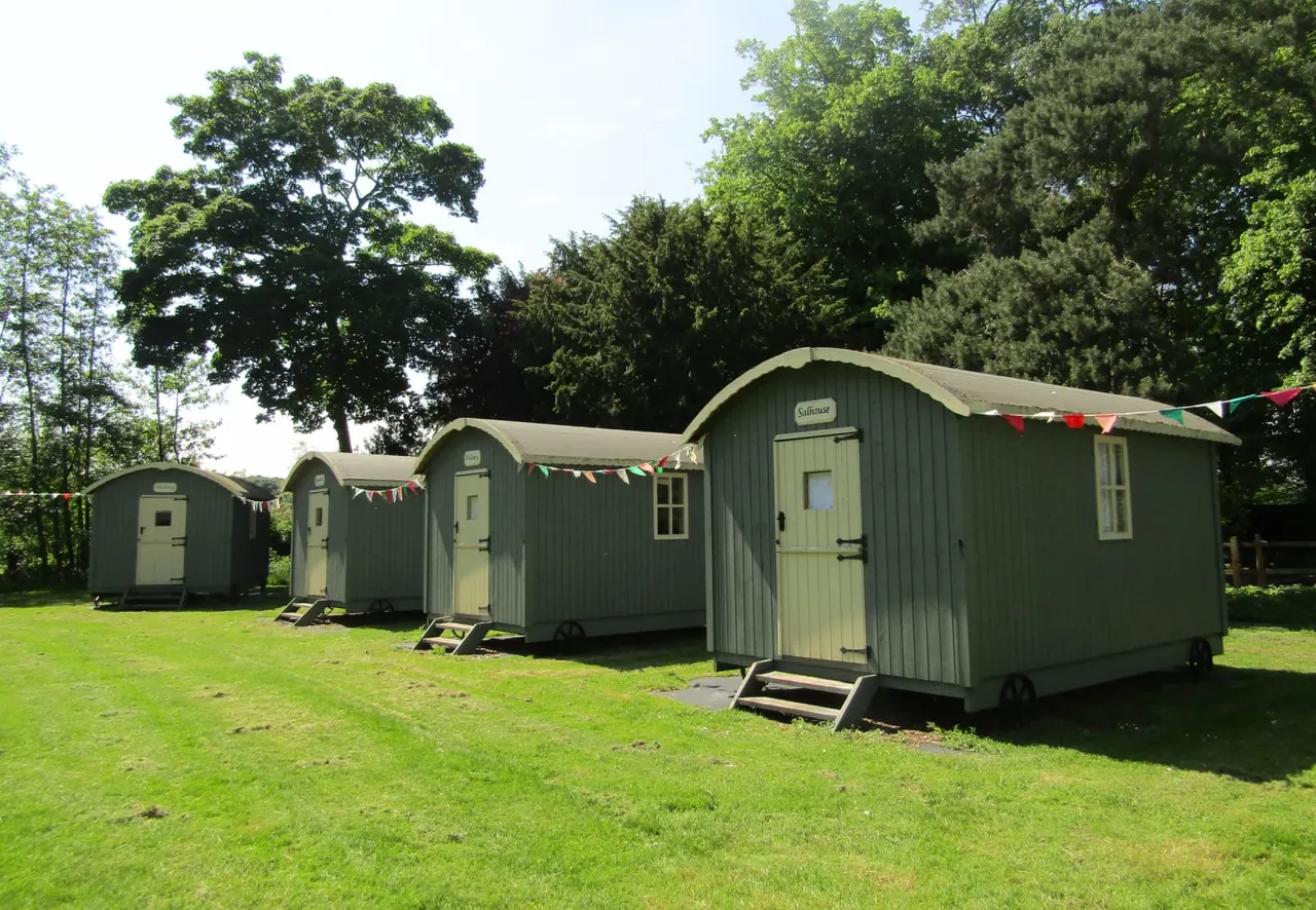 Row of green shepherd's huts with arched roofs on grass, surrounded by trees and decorated with bunting.