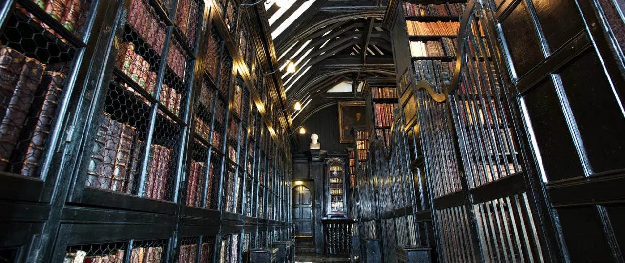 Long corridor lined with dark wooden bookcases and wire mesh doors, lit by warm spotlights, leading to a distant doorway.