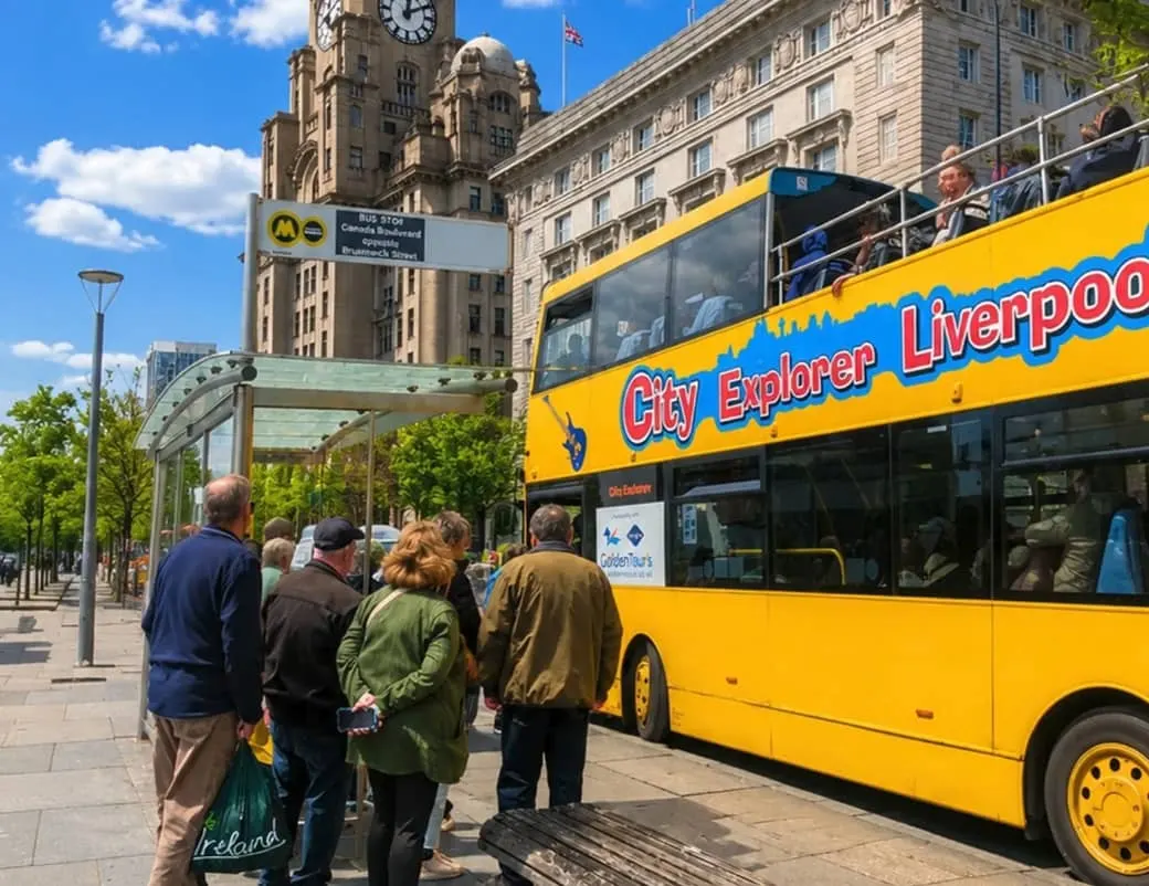 Passengers boarding a yellow open-top City Explorer tour bus at a Liverpool street stop, with historic buildings and clock tower in background.