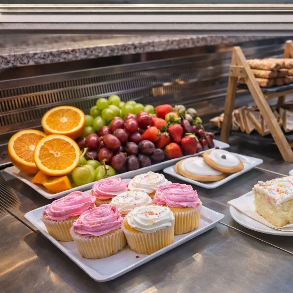 A display of party food including frosted cupcakes, fresh fruit, cookies, cake and breadsticks on a counter.